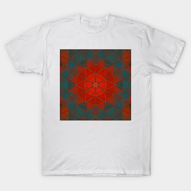 Mosaic Kaleidoscope Flower Orange and Teal T-Shirt by WormholeOrbital